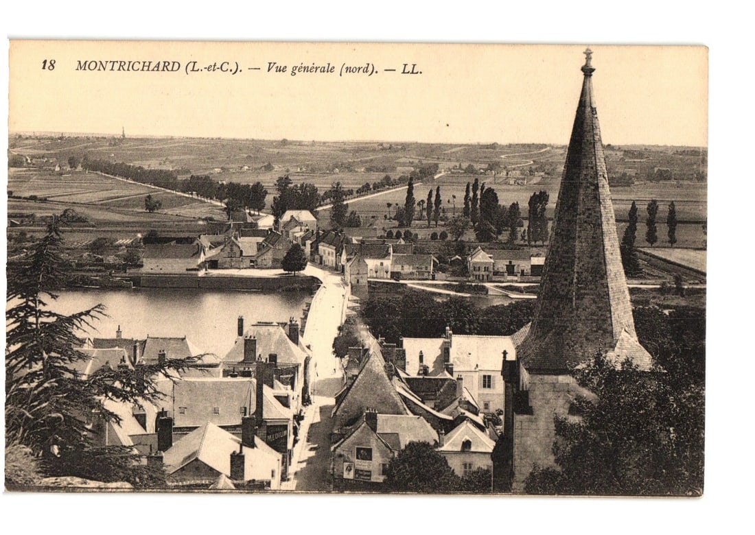 Historic Montrichard, Loir-et-Cher, France, General Northern View with prominent Spire Postcard: An elevated photographic view of Montrichard, Loir-et-Cher, France, showing a general perspective looking north. The foreground features the conical spire and upper section of a large church or bell t