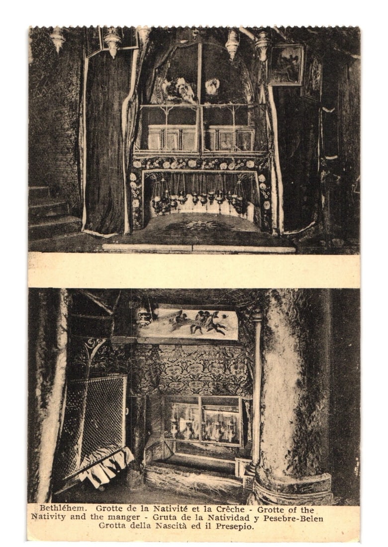 Bethlehem: Grotto of the Nativity and Manger, two sepia views on an early 20th C. postcard.: The upper image presents the Grotto of the Nativity, featuring an ornate altar with hanging lamps and draped curtains. The lower image provides an angled view into a chamber, showcasing decorative wal