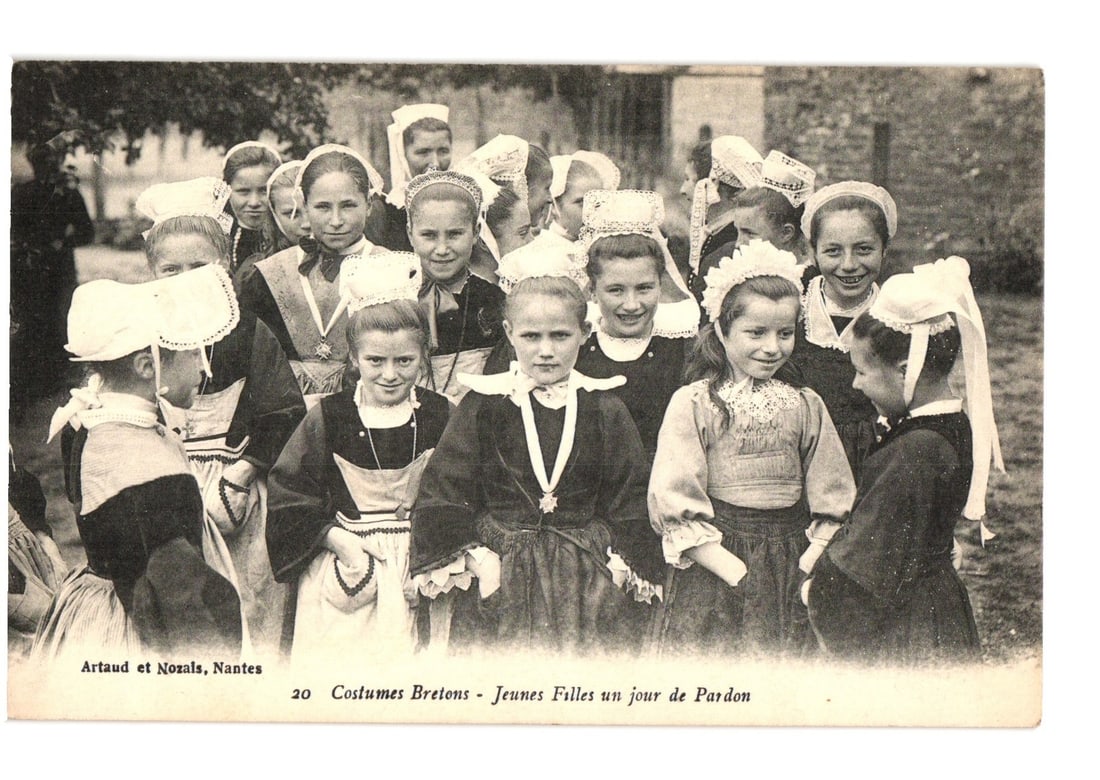 Real Photo Postcard: Young Breton Girls in Traditional Costumes on a Pardon Day, France (1 of 2)