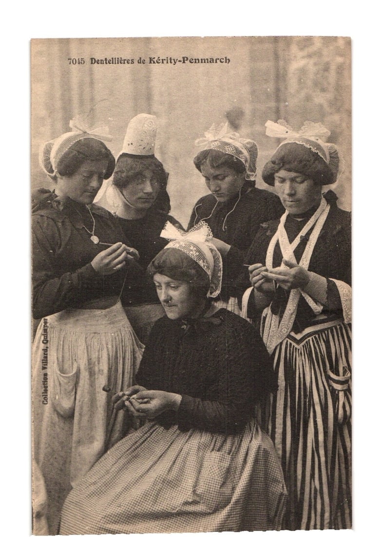 Vintage real photo postcard showing Lace Makers of Kerity-Penmarch, France, gathered for lacemaking. (1 of 2)