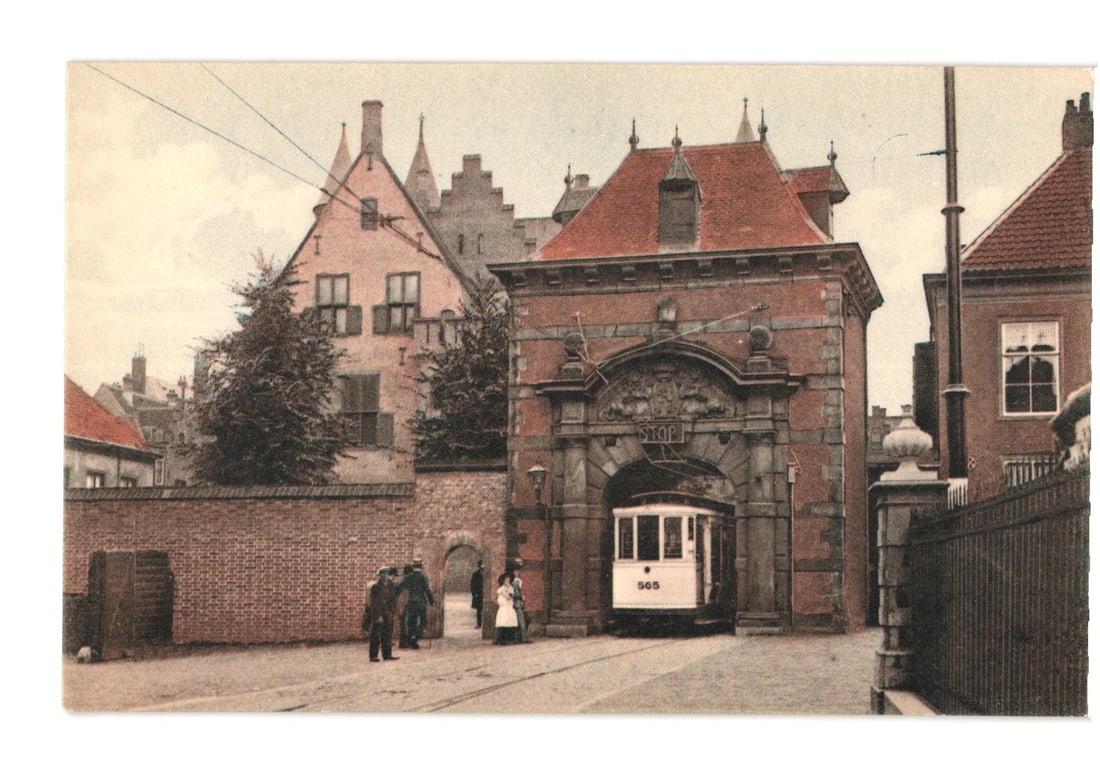 Early 20th Century postcard of a tram exiting the Stadhouderspoort, Binnenhof, The Hague. (1 of 2)