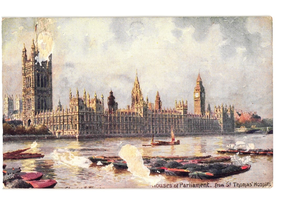 Houses of Parliament, London, England, across Thames River, early 20th century art postcard: An illustrated view of the Houses of Parliament in London, depicted from across the River Thames. The iconic Big Ben clock tower rises prominently on the right of the main building. Numerous small boa