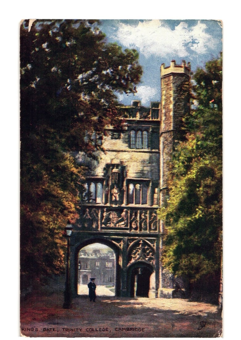 King's Gate, Trinity College, Cambridge, England, Ornate Stone Archway View Postcard: A large stone gateway, identified as King's Gate, Trinity College, Cambridge. The gate features a prominent central archway, intricate carvings, statues within niches, and multiple windows across its 