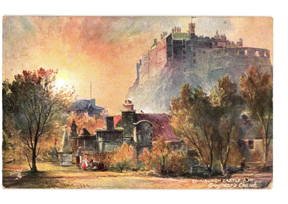 Edinburgh Castle from Greyfriar's Church, Scotland, Early 20th Century Chromolithograph Postcard (1 of 2)