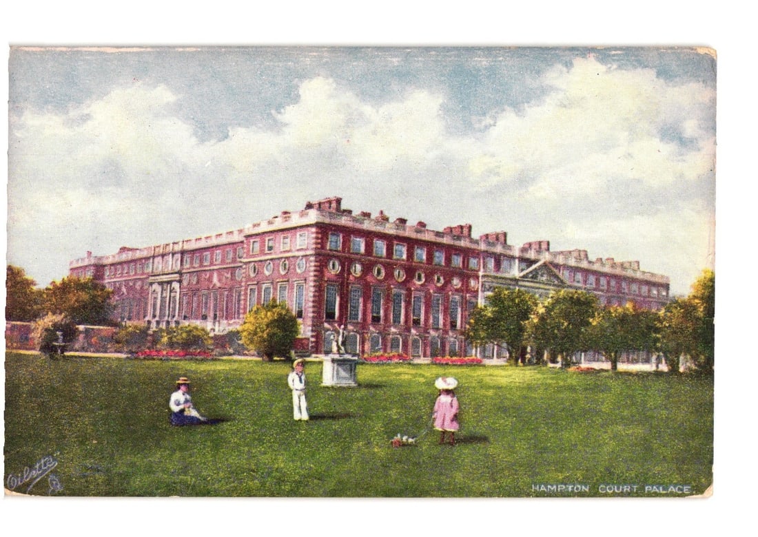 Historic Hampton Court Palace postcard, view with figures on the expansive green lawn, circa 1900s. (1 of 2)