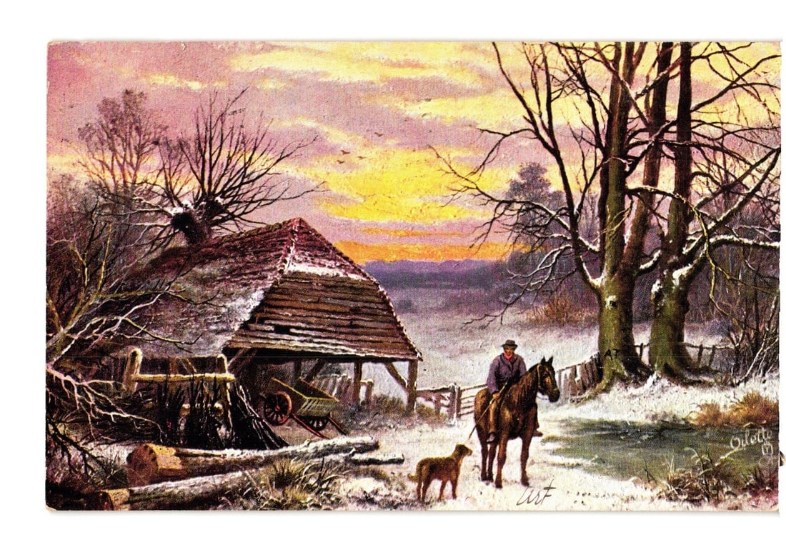 Scenic winter landscape postcard with man on horseback, dog, barn, and colorful sky, 1908.: A winter landscape illustration depicts a man on horseback with a dog walking beside him in a snowy rural setting. A rustic, snow-covered barn with a wooden roof stands left. Bare trees, some heavily 