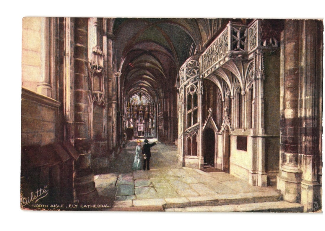 Ely Cathedral North Aisle Interior View with Figures, Oilette Series Chromolithograph Postcard: A chromolithograph depicts the North Aisle of Ely Cathedral, showcasing its intricate Gothic architecture. The long perspective leads the eye down a vaulted nave with ribbed ceilings and detailed ston