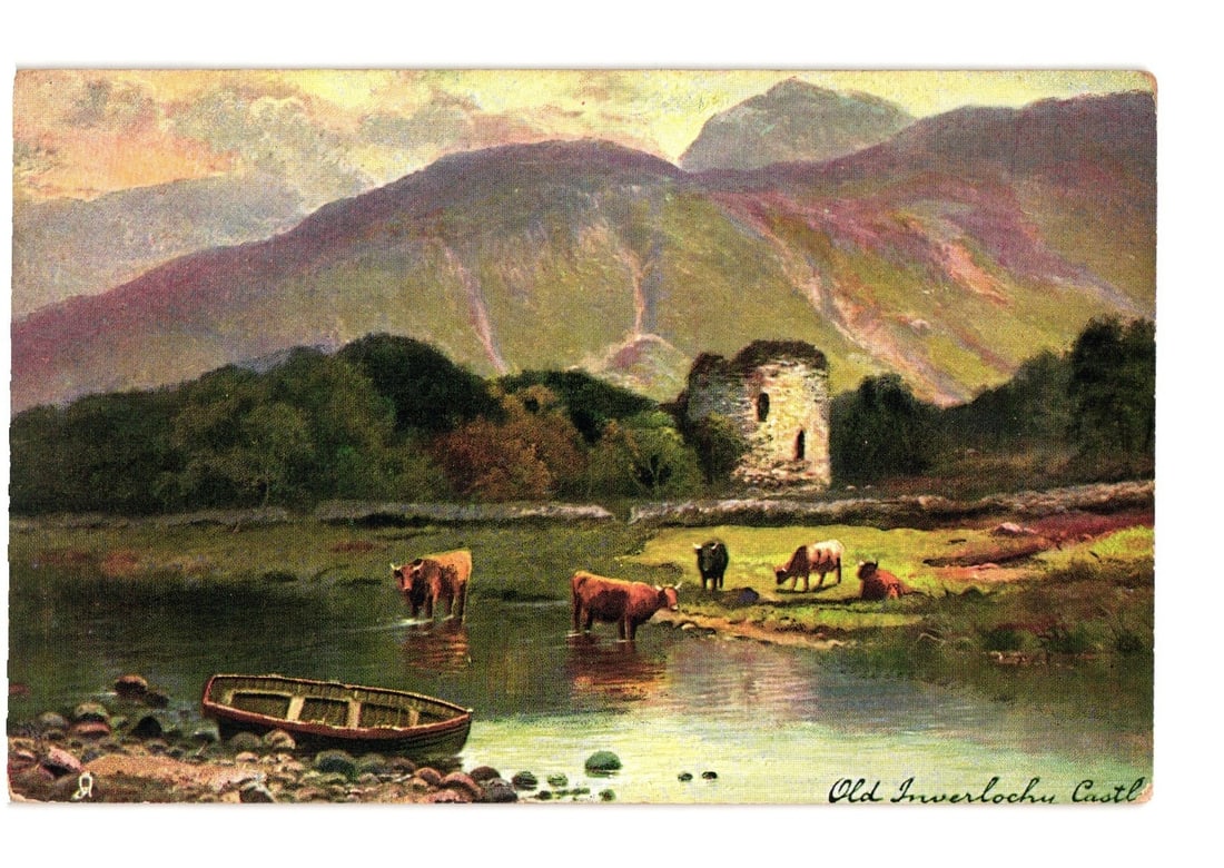 Old Inverlochy Castle ruins, Scottish Highlands, with grazing cows and boat, 1909 printed postcard.: A painterly view of the ruined Old Inverlochy Castle alongside a body of water, with mountains in the background under a colorful sky. A wooden rowboat is in the foreground. Several cattle are present