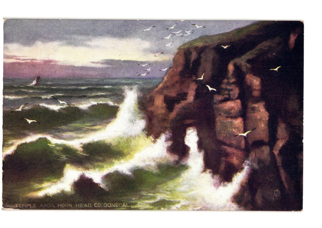 Dynamic Coastal Scene with Crashing Waves and Temple Arch, Horn Head, Co. Donegal Postcard, c. 1905 (1 of 2)