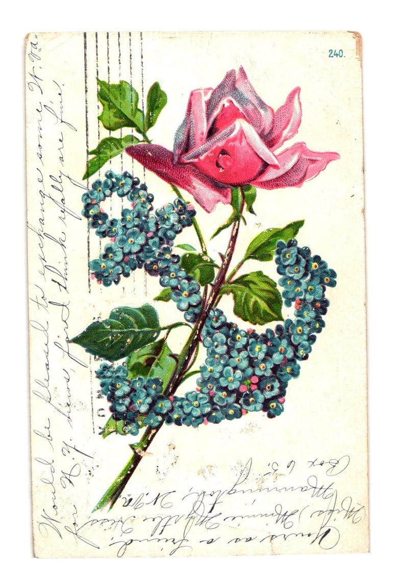 Early 20th Century Chromolithograph Postcard featuring a Pink Rose and Blue Forget-Me-Nots: A chromolithograph postcard depicts a prominent pink rose with a green stem and several leaves. The rose features deep pink tones in its center, transitioning to lighter pink at the petal edges, with 
