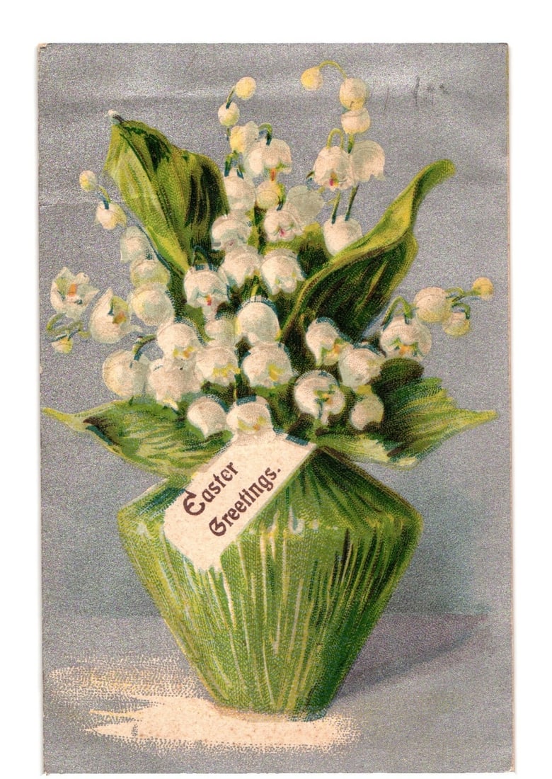 Early 20th-century chromolithograph postcard: Easter Lily of the Valley, Peekskill, NY, 1908 (1 of 2)