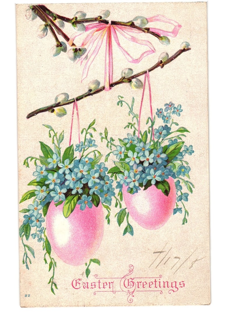 Early 20th Century Easter Greetings Postcard with Pussy Willows and Floral Egg Baskets: Two pink egg-shaped baskets, each filled with blue forget-me-not-like flowers and green leaves, are suspended by pink ribbons from a bare branch. The branch, extending diagonally from the upper left, 