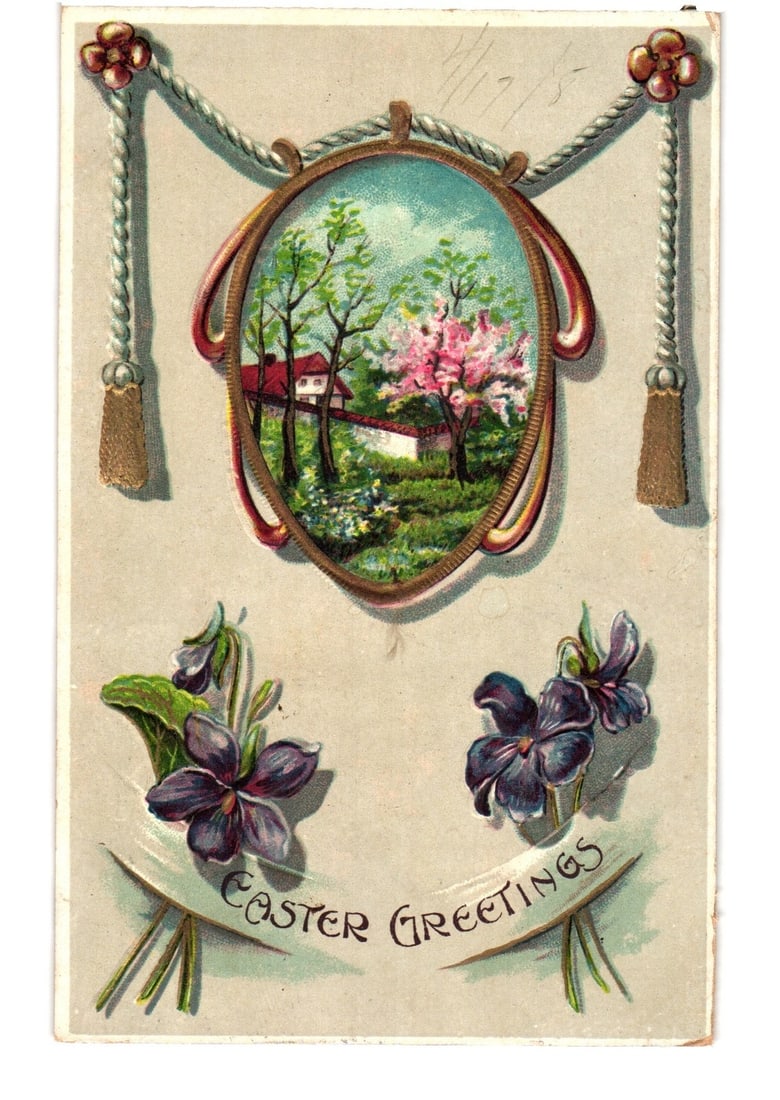 Chromolithograph Easter postcard with central landscape vignette and floral design, circa 1900s. (1 of 2)