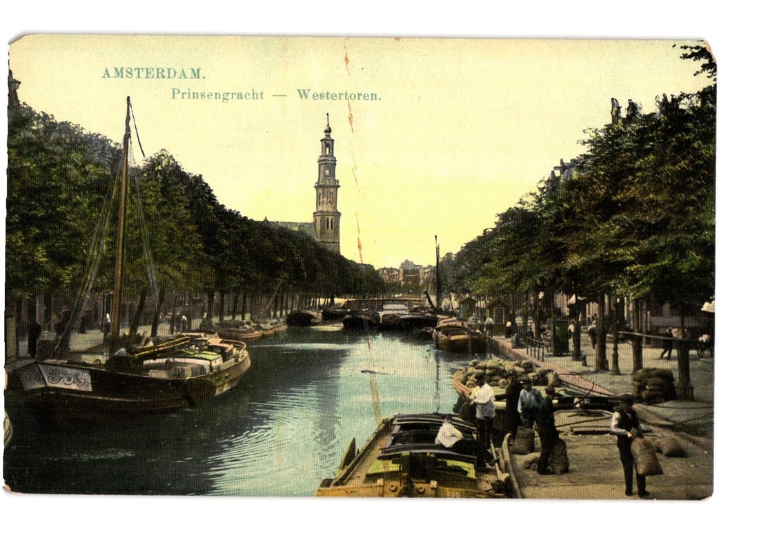 Early 20th century chromolithograph postcard of Prinsengracht Canal and Westertoren, Amsterdam.: The chromolithograph image depicts a bustling canal scene in Amsterdam, likely the Prinsengracht, flanked by lines of mature trees. Several boats are moored or navigating the waterway, including a lar