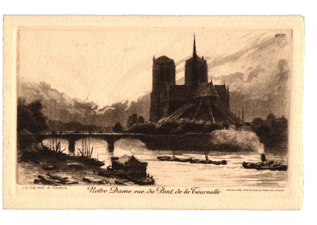Notre Dame Cathedral and Seine River from Pont de la Tournelle, Paris, Gravure Postcard, Early 20th: A gravure-style art postcard depicting Notre Dame Cathedral in Paris, France, as viewed from the Pont de la Tournelle bridge across the Seine River. The cathedral, with its distinct spires and buttres