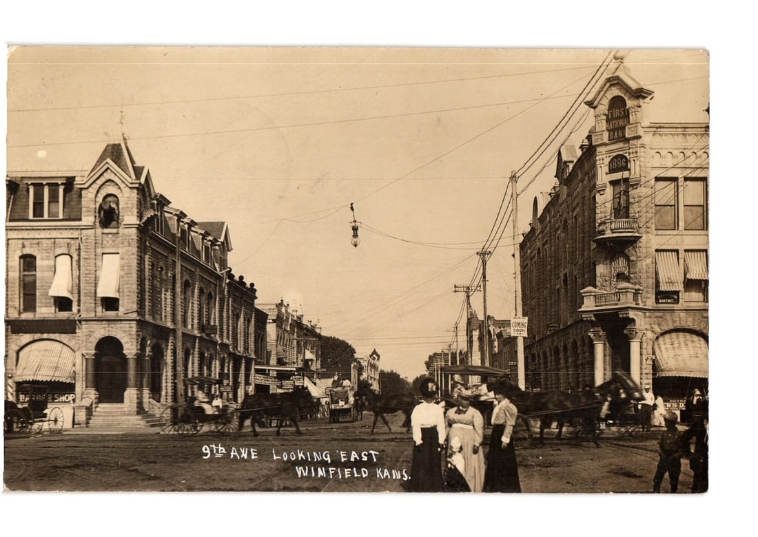 Early 20th Century Street Scene Postcard, 9th Ave, Winfield, Kansas with Pedestrians and Carriages (1 of 2)