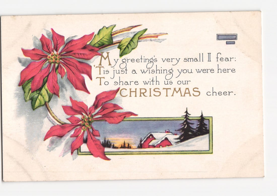 Vintage Christmas postcard featuring red poinsettias, a snowy house, and a holiday poem.: A chromolithograph postcard featuring red poinsettia flowers with green leaves, arranged decoratively on the left side. The upper part of the card displays a poem: 'My greetings very small I fear: 'Ti