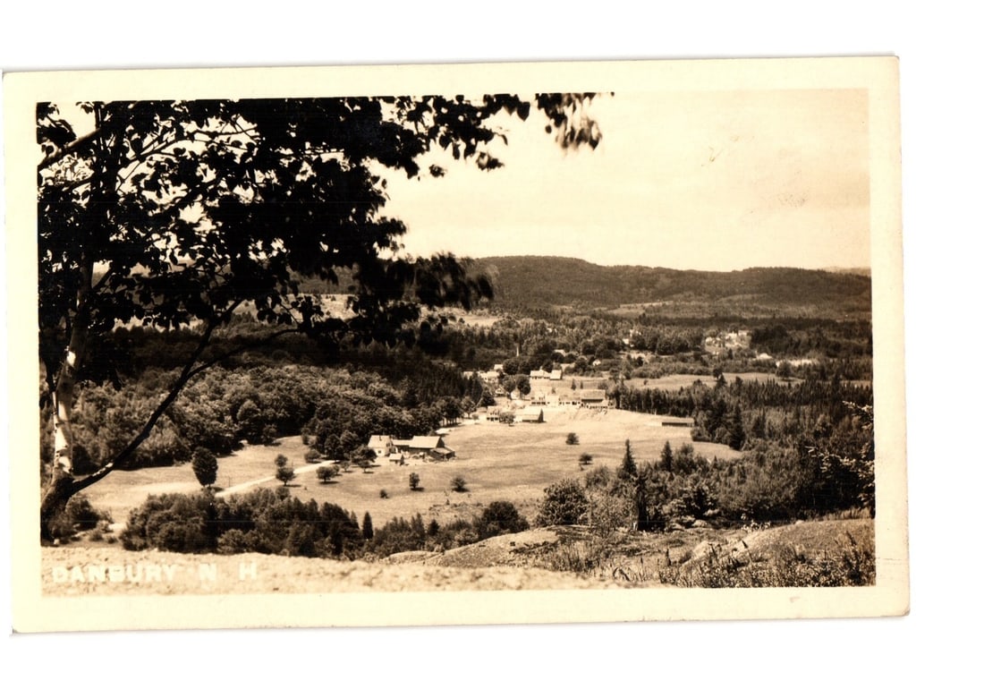 Scenic panoramic view of Danbury, New Hampshire, rural landscape and town postcard, circa 1913. (1 of 2)