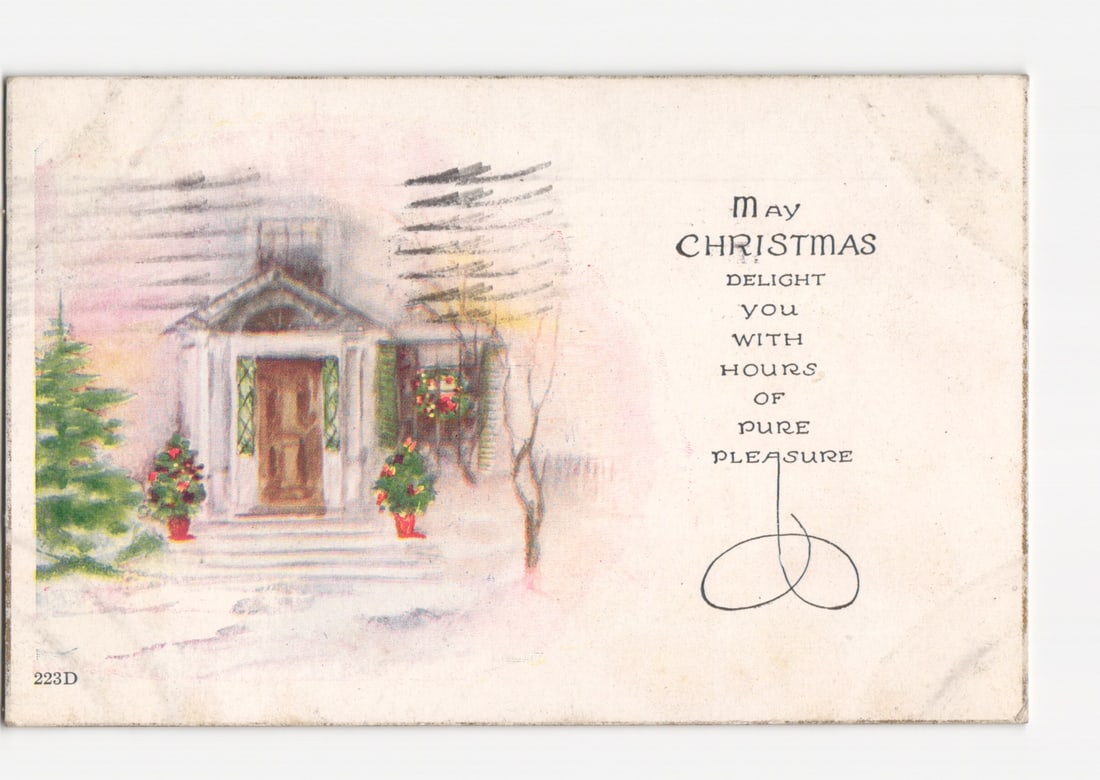 Vintage 1921 Christmas Greeting Postcard: Snow-Covered House & Festive Evergreen Trees (1 of 2)