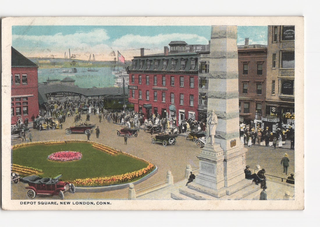 Depot Square, New London, Connecticut, bustling with early 20th-century automobiles, 1920 postcard. (1 of 2)