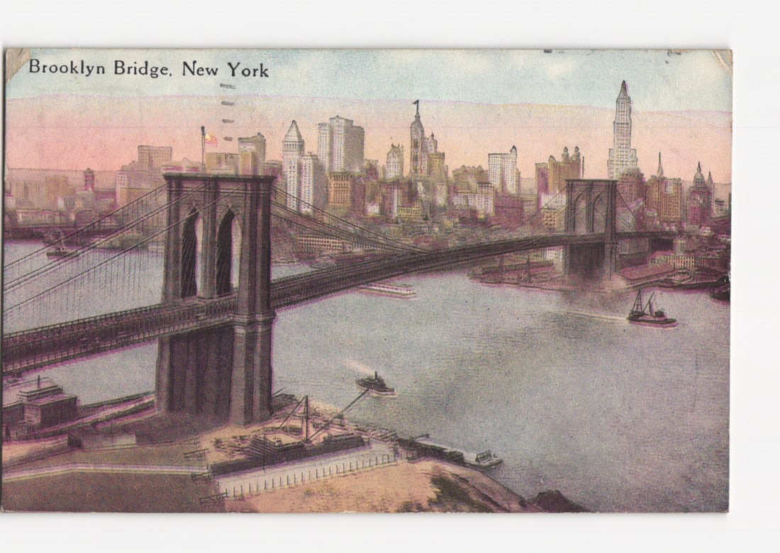 Colorized image of the Brooklyn Bridge with a bustling New York City skyline, circa 1920 postcard (1 of 2)