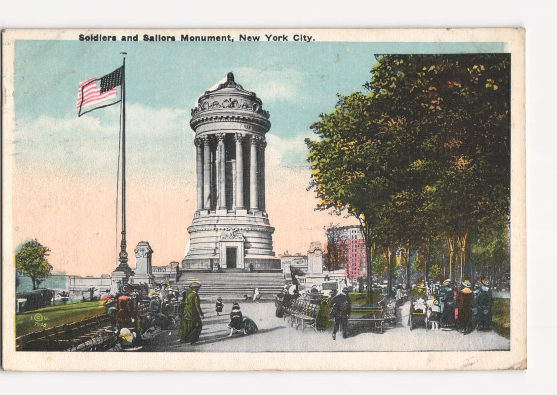Soldiers and Sailors Monument, New York City, a 1920s American architectural landmark postcard.: The Soldiers and Sailors Monument in New York City, a classical circular structure with columns, stands on a terraced base with steps. An American flag flies on a tall flagpole to the left. The foregr