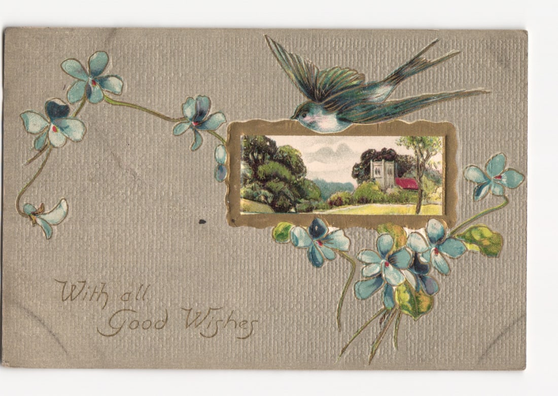Early 20th Century Greeting Postcard with Flying Bird, Flowers, and Framed Landscape View (1 of 2)