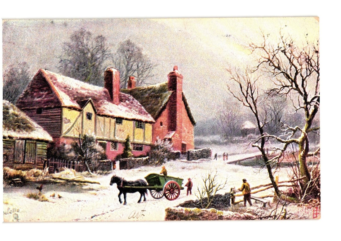 Winter Scene with Snow-Covered Cottages and Horse-Drawn Cart, Tuck's Oilette Postcard, 1908 (1 of 2)
