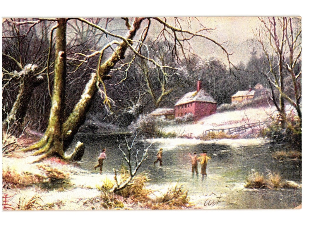Early 20th Century Raphael Tuck 'Oilette' postcard: Winter skaters in a snowy landscape.: A chromolithograph depicting a winter scene with four figures ice skating on a frozen body of water in the foreground. The foreground and midground are covered in snow, with bare, snow-laden trees lin