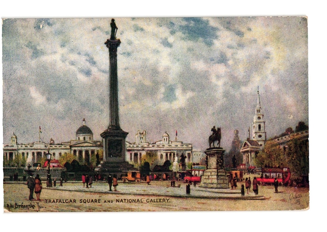 Early 20th Century chromolithograph postcard of Trafalgar Square and National Gallery, London: A chromolithograph illustration depicts Trafalgar Square and the National Gallery in London. Nelson's Column, topped with a statue, stands prominently in the left-center, framed by the classical archi