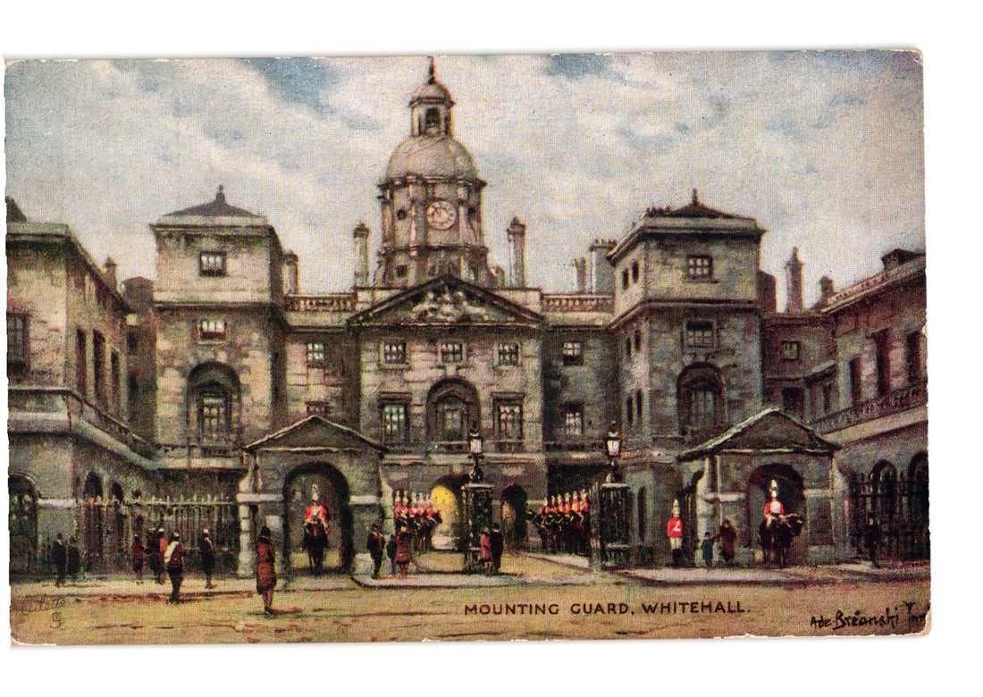 Historical postcard depicting the Mounting Guard ceremony at Whitehall, London, early 20th Century: A chromolithograph illustration depicts the Mounting Guard ceremony at Whitehall, London. A grand, multi-storied building with a central clock tower and dome dominates the background. The building fea