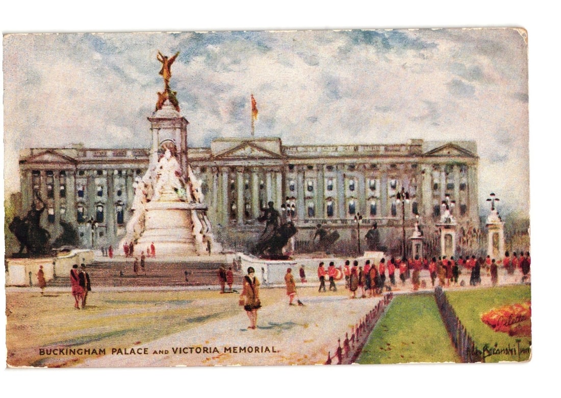 Buckingham Palace and Victoria Memorial, London, England, Early 20th Century Art Postcard: An art print postcard view of Buckingham Palace and the Victoria Memorial in London. The Victoria Memorial, crowned by a golden winged figure, is in the left foreground. Buckingham Palace, a neoclassi