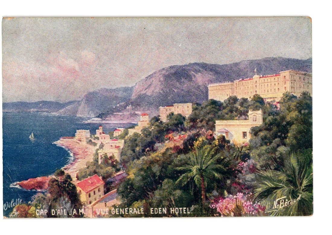 Panoramic Coastal View of Cap d'Ail, Eden Hotel, M. Béraud Chromolithograph Postcard: A panoramic view depicts a large multi-story hotel, the Eden Hotel, situated on a verdant hillside overlooking a bay. Additional buildings and villas are scattered among lush green trees and flowering