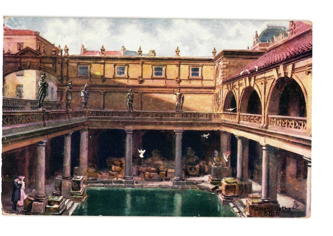 Historic Roman Baths in Bath, England - Architectural View, Early 20th Century Postcard: An elevated perspective of the Roman Baths in Bath, England, depicts a central rectangular pool filled with green water, flanked by a colonnaded walkway. Classical statues adorn an upper balcony overl