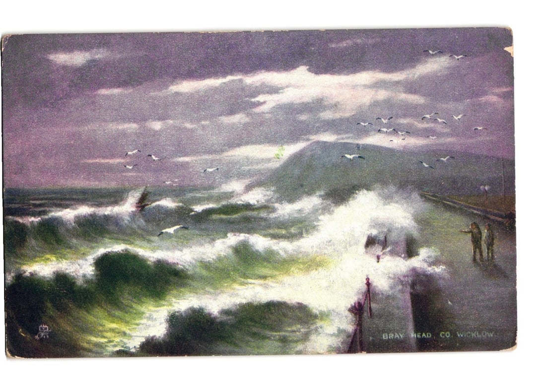 Dynamic chromolithograph postcard depicting rough seas, pier, and seagulls at Bray Head, Co. (1 of 2)