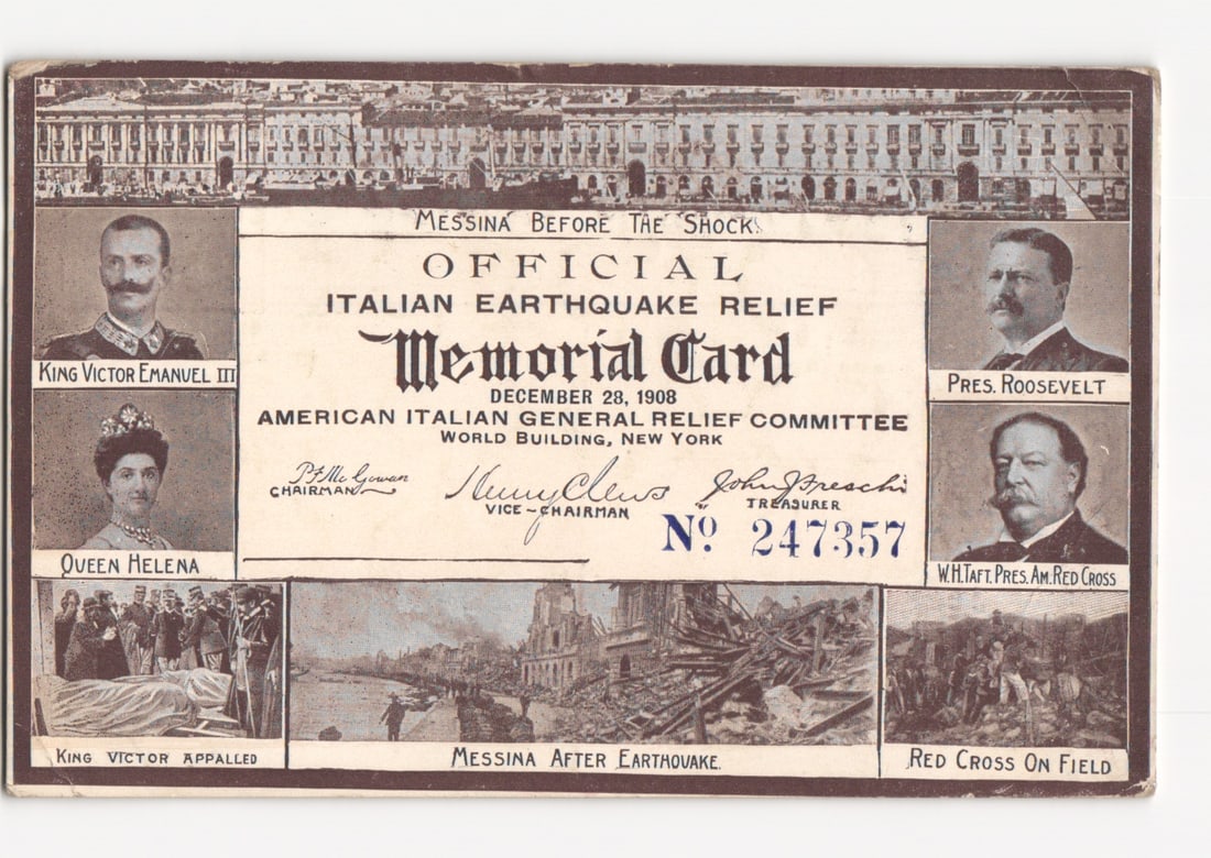 Messina Earthquake Relief Official Memorial postcard with King Victor, Queen Helena, Roosevelt,: A multi-image lithograph postcard, the front features a collage related to the Messina Earthquake Relief. The top panel shows "MESSINA BEFORE THE SHOCK" with a long building facade. A central text box