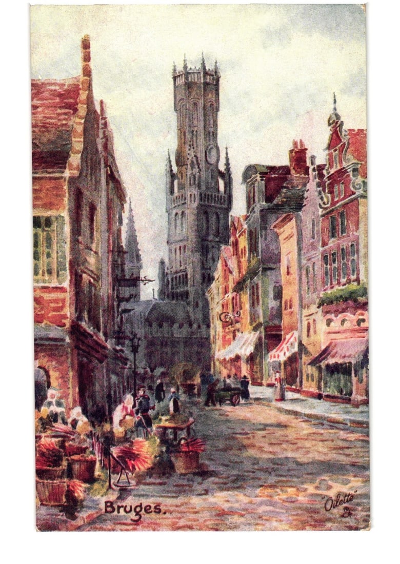 Early 20th Century Bruges Street Scene with Belfry Tower and Market Stalls Postcard: A color lithograph illustrating a street scene in Bruges, with a prominent Gothic-style belfry tower in the background. The cobblestone street is flanked by gabled buildings. Market stalls with figure