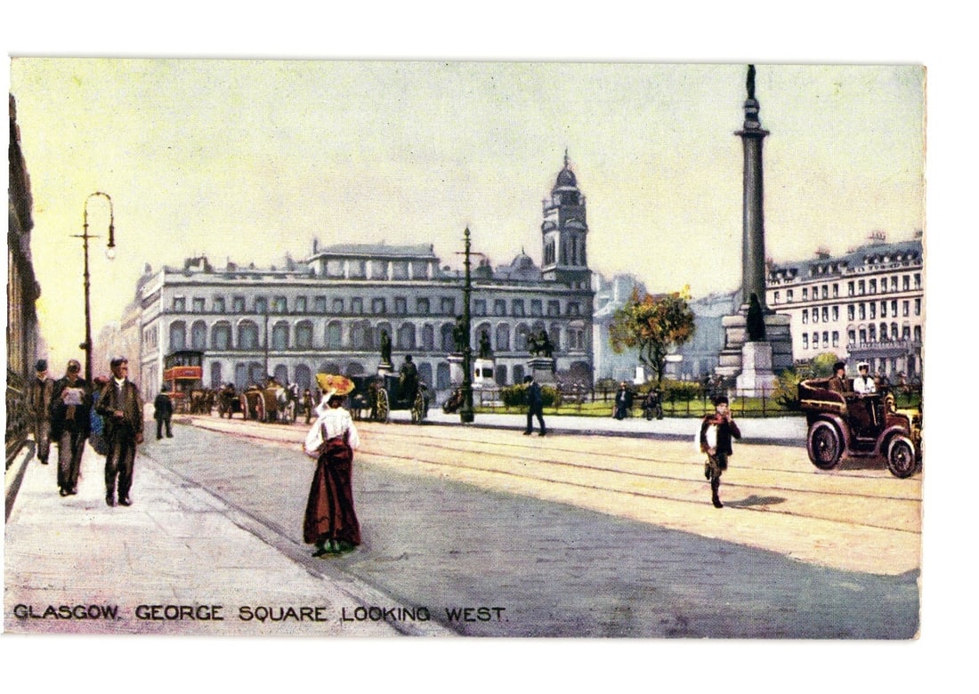 Glasgow George Square Looking West street scene, hand-tinted lithograph postcard, early 20th: A vibrant street scene depicts George Square in Glasgow, Scotland, looking west. Prominent multi-story stone buildings with arched windows line the square, and a tall columnar monument stands on the r