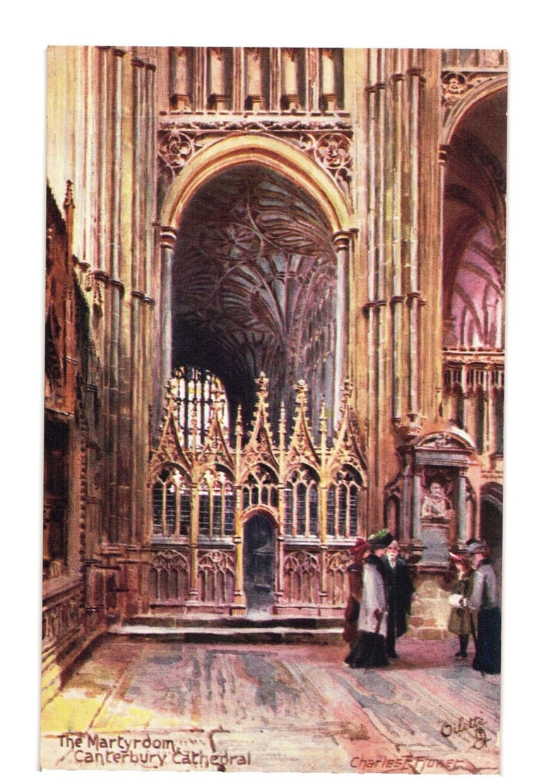 Depicting The Martyrdom, Canterbury Cathedral interior, a historical art postcard by Charles F.: An interior view of Canterbury Cathedral, focusing on “The Martyrdom,” an area within the north-west transept. The scene, rendered in a chromolithograph style, features a large Gothic archway 