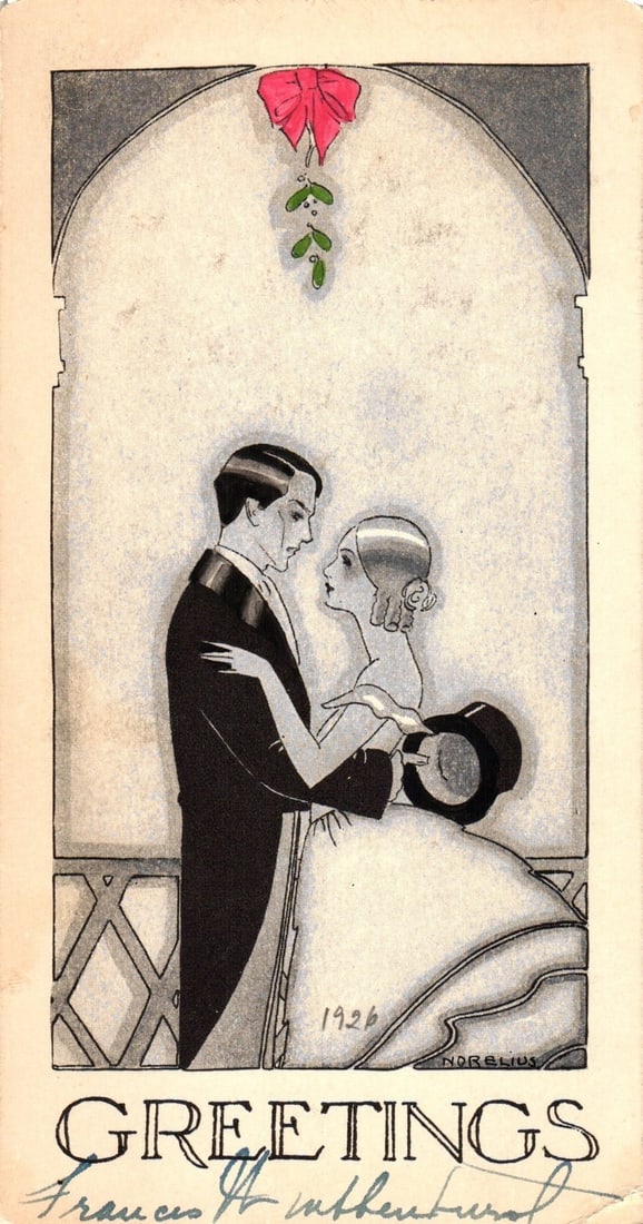 Elegant Art Deco Couple Dancing Under Mistletoe by Nobelius, 1926 Holiday Greetings postcard (1 of 2)