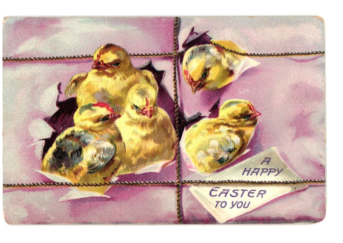 Illustrated Easter postcard: five chicks with 'A Happy Easter To You', Raphael Tuck & Sons, early (1 of 2)