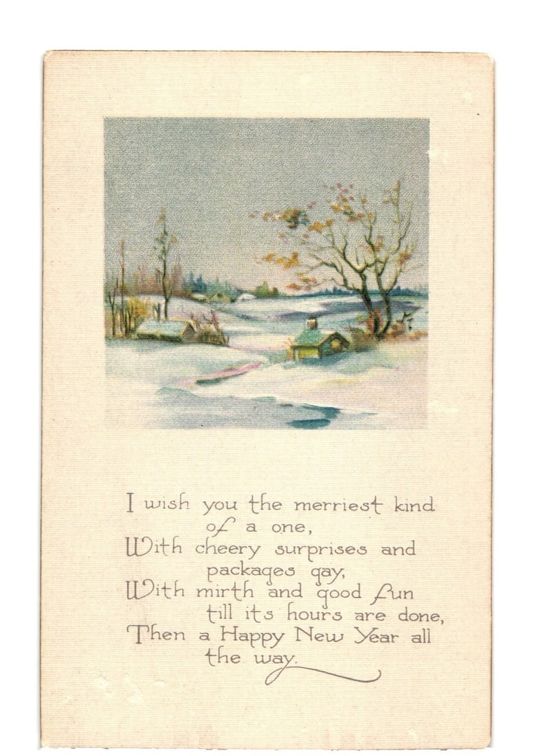 Decorative Holiday Greeting postcard with snowy winter landscape and New Year's poem, USA. (1 of 2)