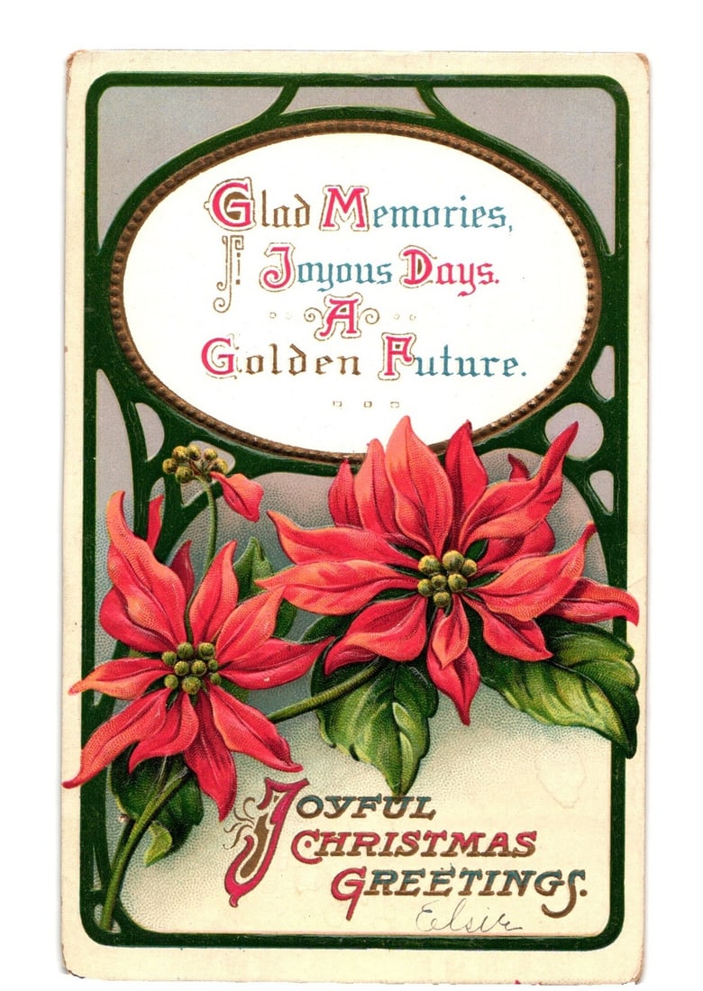 German Printed Poinsettia Floral Christmas Greeting Postcard, Early 20th Century: Two vibrant red poinsettia flowers with green leaves are centrally positioned on the front. A decorative dark green border frames the scene, encompassing an oval white cartouche with an ornate green o
