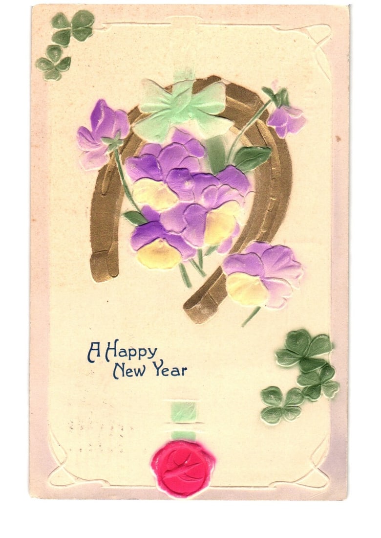 Embossed New Year postcard with horseshoe, purple pansies, and green clovers, New York 1909.: A central gilded horseshoe is adorned with a cluster of purple and yellow pansies and a light green bow. Sprigs of green clovers are present in the upper left and lower right corners. Below the horses