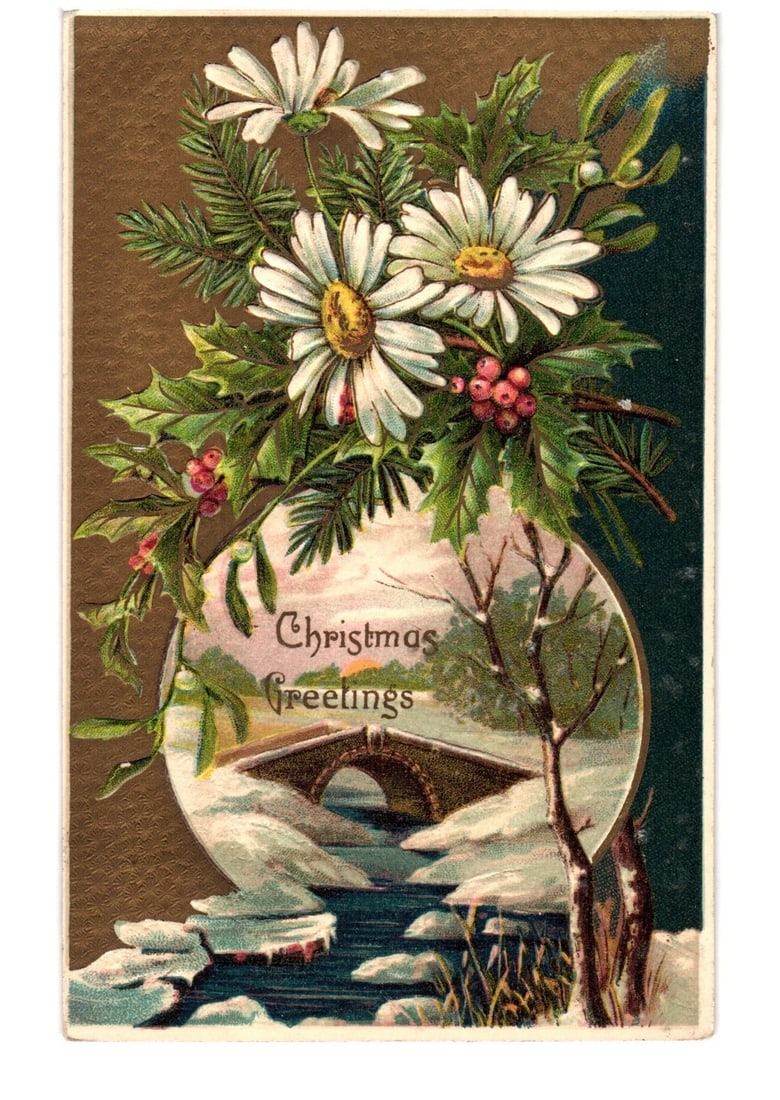 Embossed Christmas Flowers & Winter Bridge Scene postcard, German Print, 1913 Postmark (1 of 2)