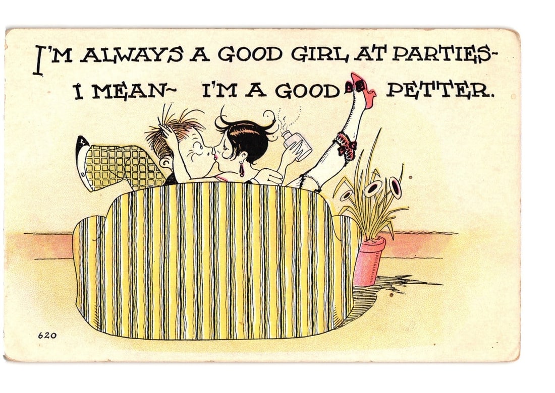 Early 20th Century Humorous Flirtatious Couple Cartoon Postcard, "I'm a Good Petter" text: A humorous illustration depicts a man and a woman in a passionate embrace, seated in what appears to be a striped sofa or large tub. The man has brown hair, and the woman has dark bobbed hair; they ar