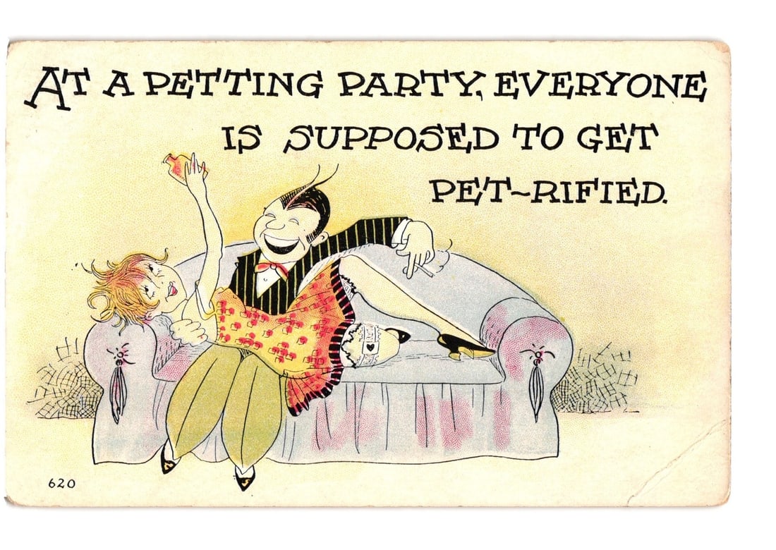 Humorous Flapper Era 'Petting Party' Cartoon Postcard by Petting Comics, circa 1920s-30s (1 of 2)
