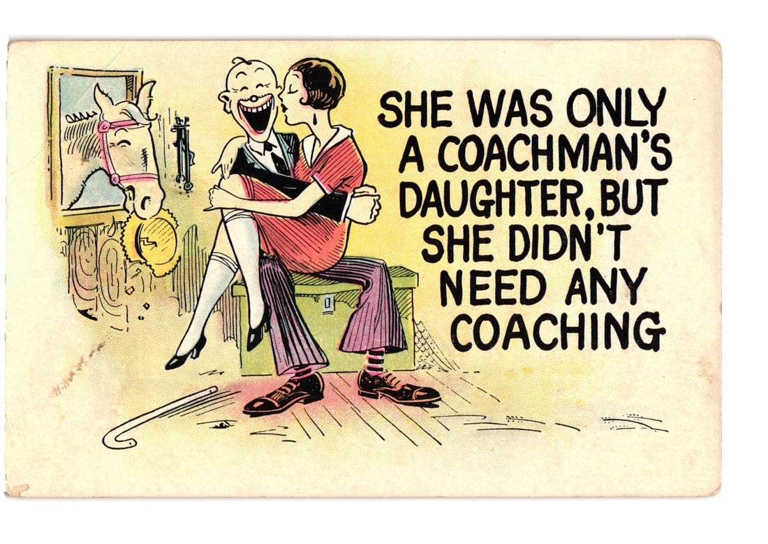 Vintage Comic Postcard: Coachman's Daughter Caricature with Humorous Text, Early 20th Century: A color-printed illustration depicts a comic scene. A man with a bald head and a large open mouth, laughing, holds a woman on his lap. The woman, with short dark hair, also laughs and embraces the man