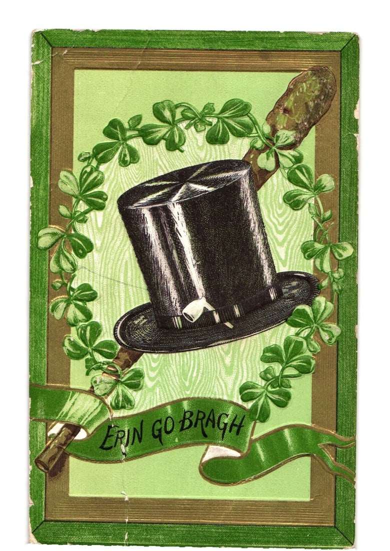 St. Patrick's Day Postcard with Irish Top Hat, Shamrocks, Shillelagh, Ireland Forever (1 of 2)