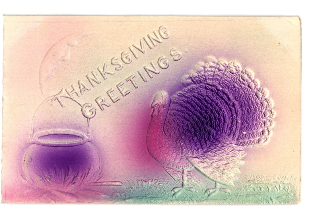 Embossed Thanksgiving Greetings postcard depicting a purple turkey and a boiling pot. (1 of 2)